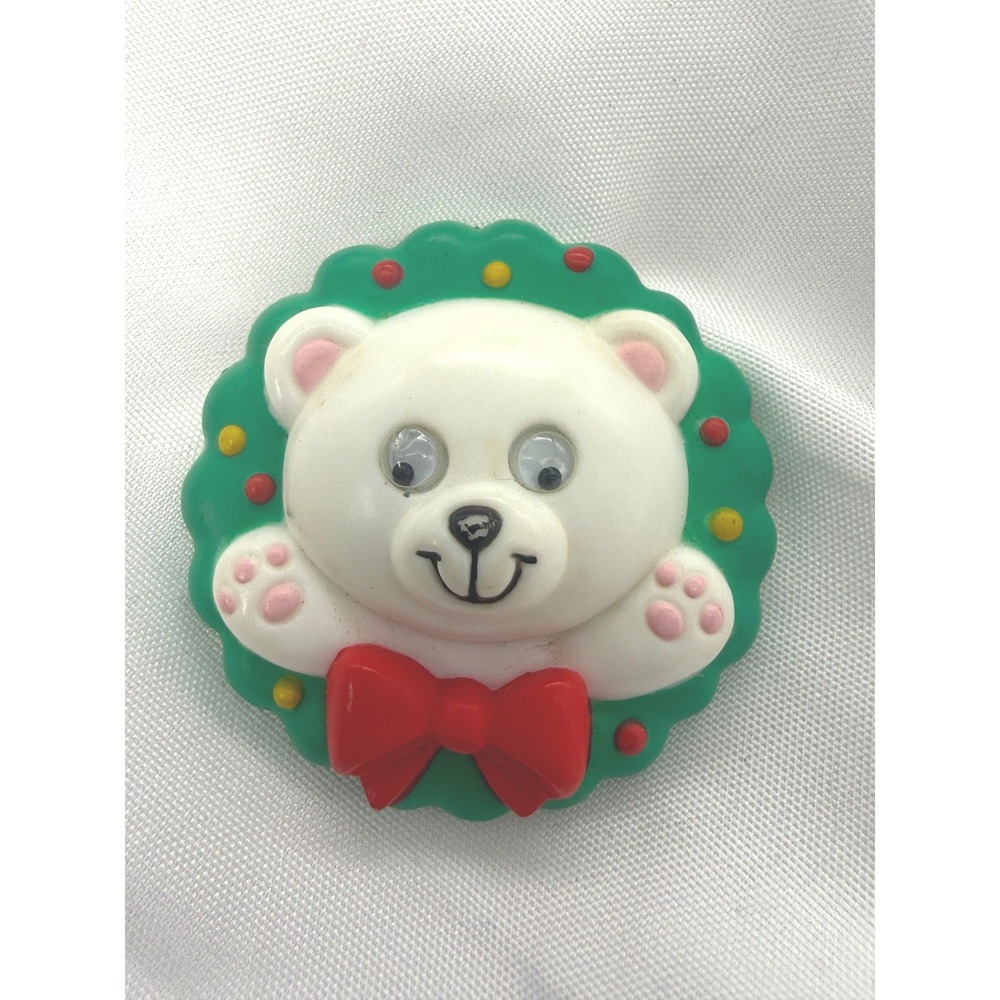 Vintage 80s Polar Bear Christmas Wreath Brooch Googly Eyes Red Bow Plastic Pin
